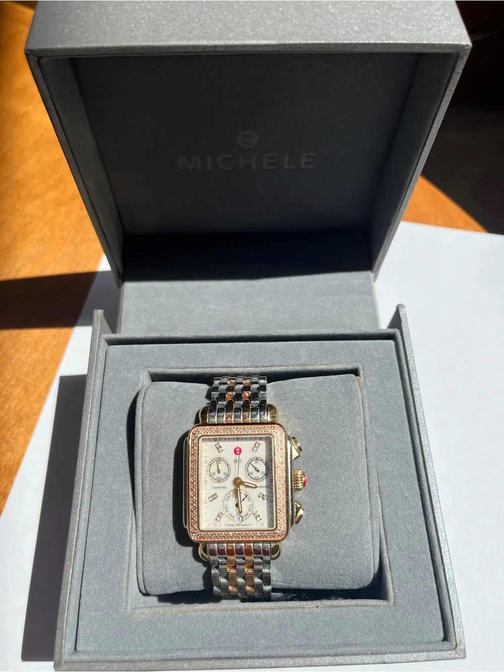 Michele Two-Tone Gold and Silver Chronograph Watch with Cream Dial
